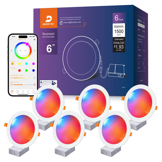 DUSKTEC Smart Recessed Lighting 6 Inch, RGBCW LED Recessed Ceiling Light Work with Alexa, Dimmable 16W 1500LM Canless Downlight with Junction Box for Living Room, 6 Pack