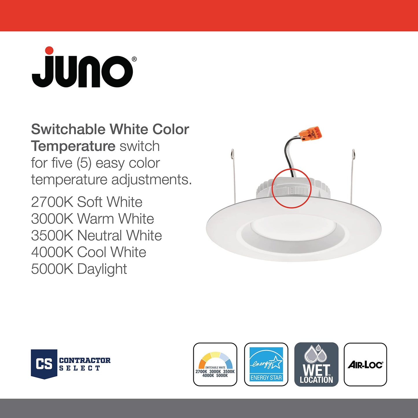 Juno 4 Inch LED Recessed Lighting, RetroBasics Series LED Downlight Trim Kit, Regressed 4" Ceiling Light with 5-in-1 Switchable White Color, 625 Lumens, Baffle Trim, Matte White (6-Pack)
