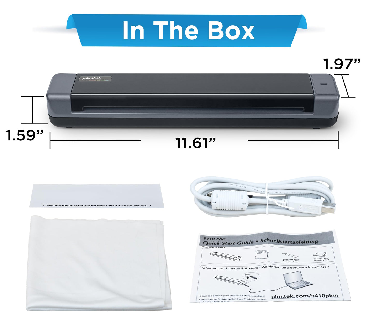 Plustek Mobile Scanner S410 Plus - Portable Sheet-Fed Document Scanner - for Windows 7 / 8 / 10 / 11, Featuring Button-Free Scanning with Included OCR Software