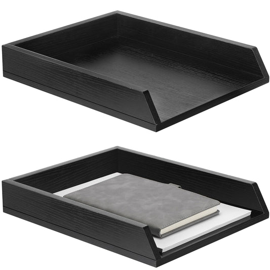 DoubleFill 2 Pcs Wooden Letter Trays Wood Letter-Size Desk Organizer Heavy Duty 2 Tier Stackable Supports Paper Tray Desktop Drawer Organizer File Folder Magazine Office Accessories (Black)