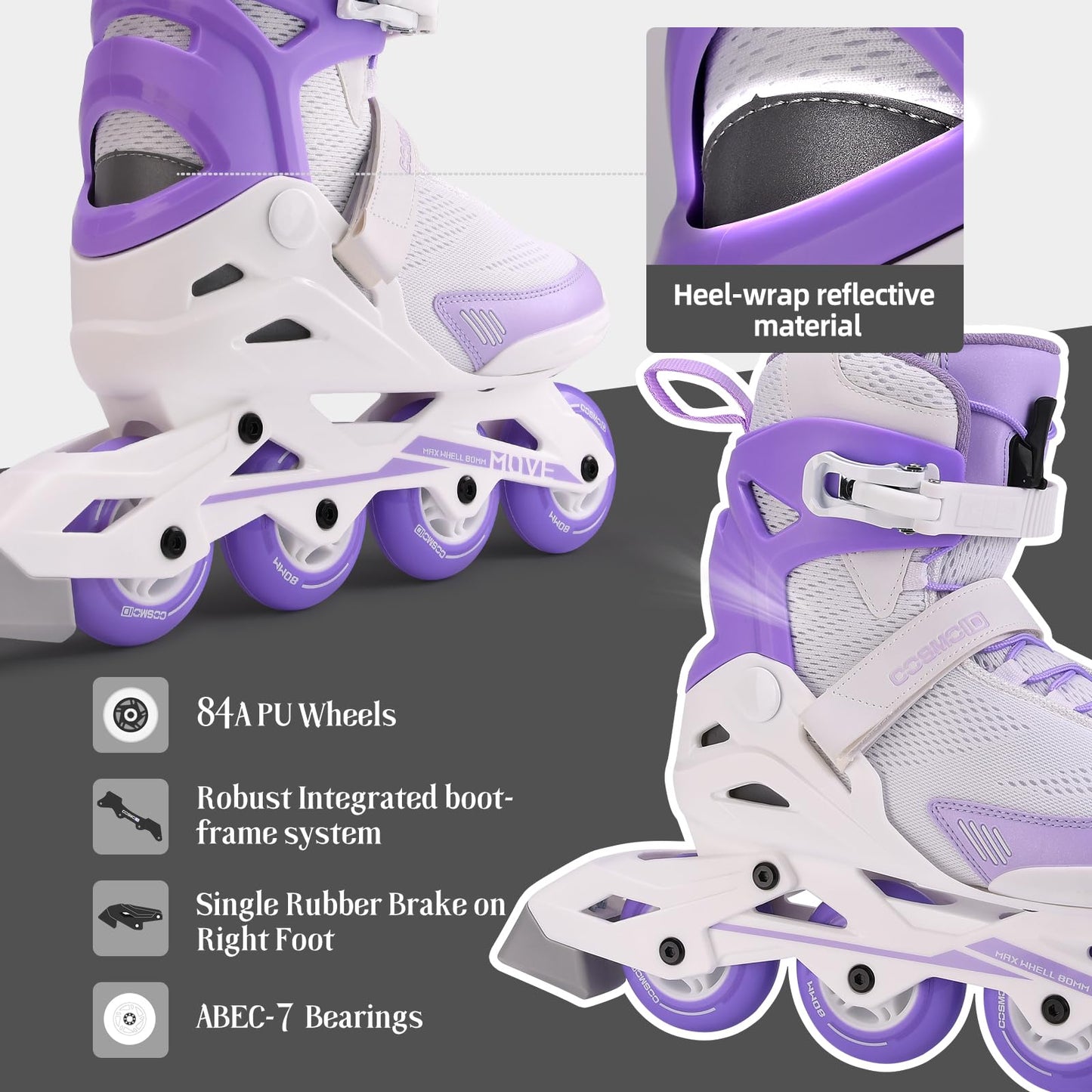 COSMOID Women's Adult Fitness Inline Skate, Outdoor Street Blades Roller Adult Female, Professional Fitness Roller Skates Blades, White and Purple,Size 5-12,Move
