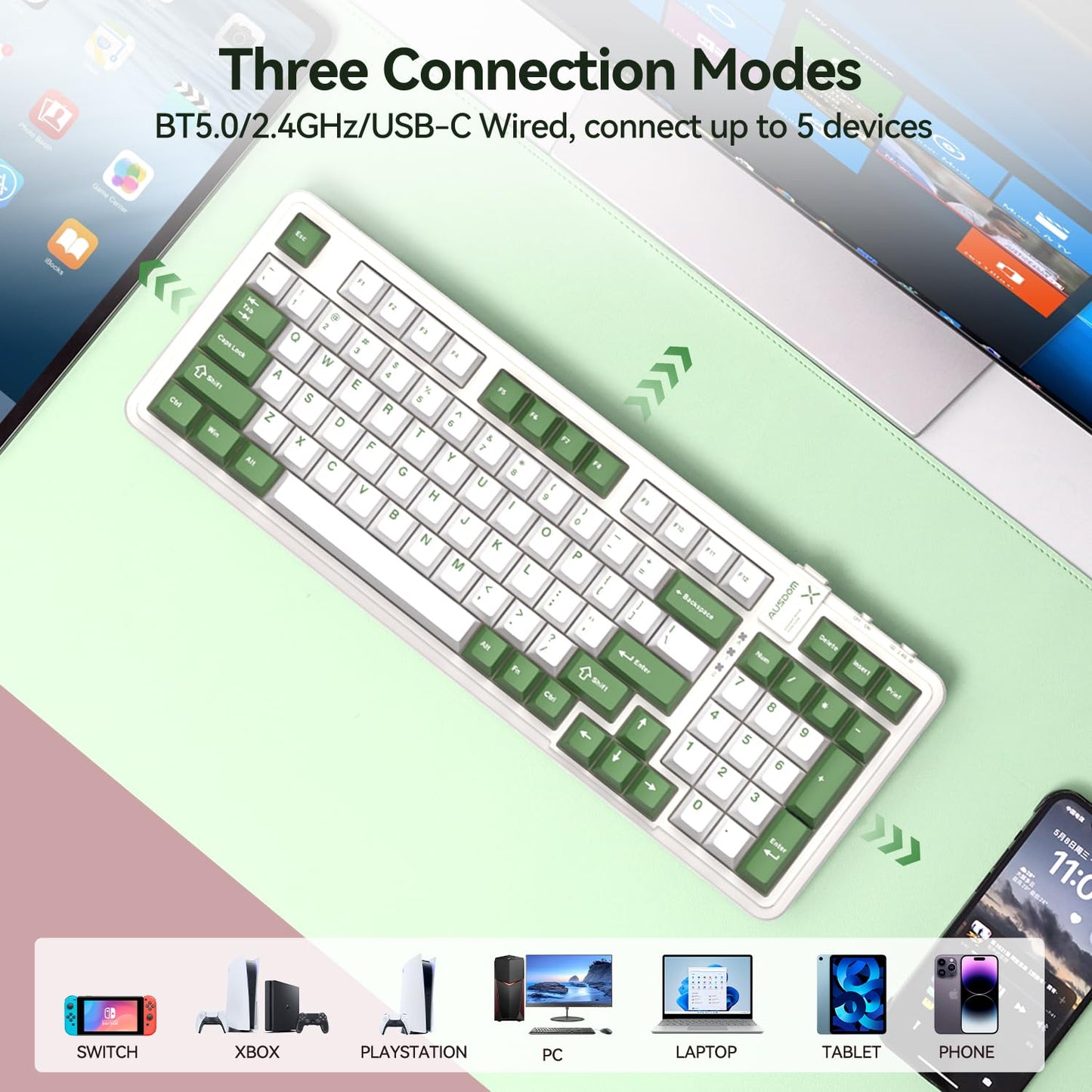 AUSDOM 98Pro Silent Mechanical Keyboard,Wireless Hot Swappable Gaming Keyboard with Backlit,Gasket Structure,Pre-lubed Tactile Switches,2.4GHz/Type-C/Bluetooth Custom Keyboard(Green & White-Silent)
