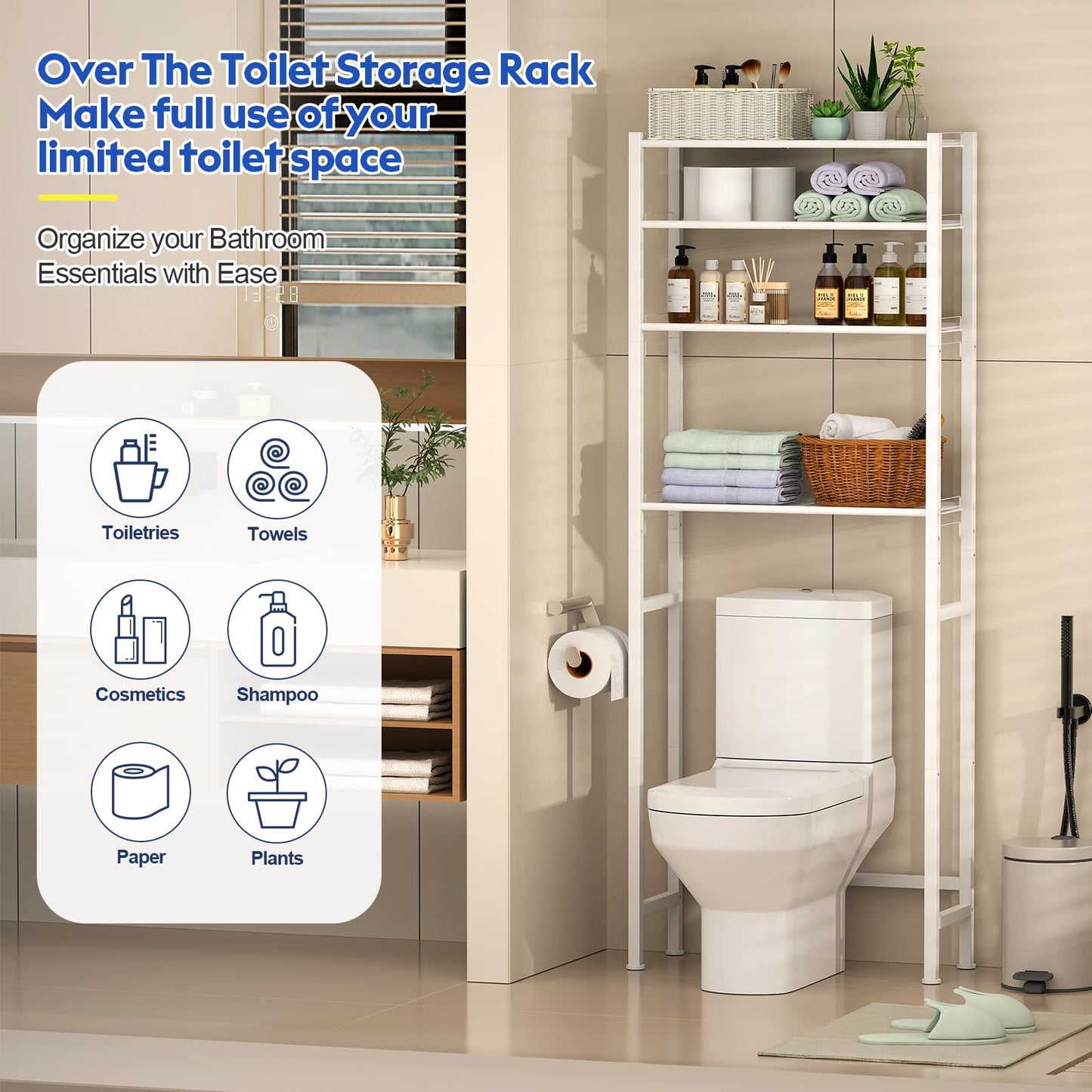 samstar 4 Tier Over The Toilet Storage Rack, Bathroom Organizer Shelves Cabinet Above Toilet, with Adjustable Height Freestanding Shelf Space Saver, White