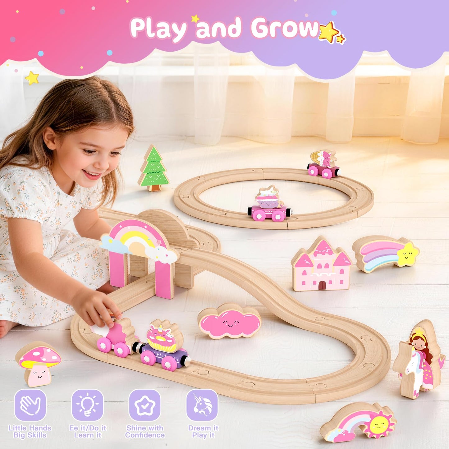Wooden Train Set, Pink Unicorn Magnetic Train Set for Toddler 3-6, Wooden Train Track, Toddler Princess Toys for 3 4 5 6 Year Old Girl Birthday Gifts