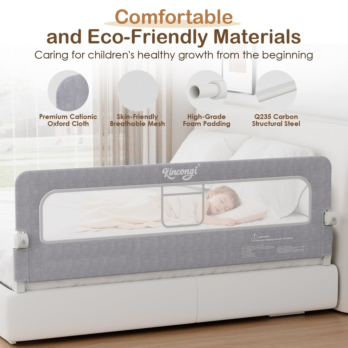 Kincongi Bed Rail for Toddlers, 71 Inch Swing Down Toddler Bed Rails with Wider U-Shape Base, Breathable Baby Bed Rail Guard for King, Queen, Full, Twin Bed Rail for Baby