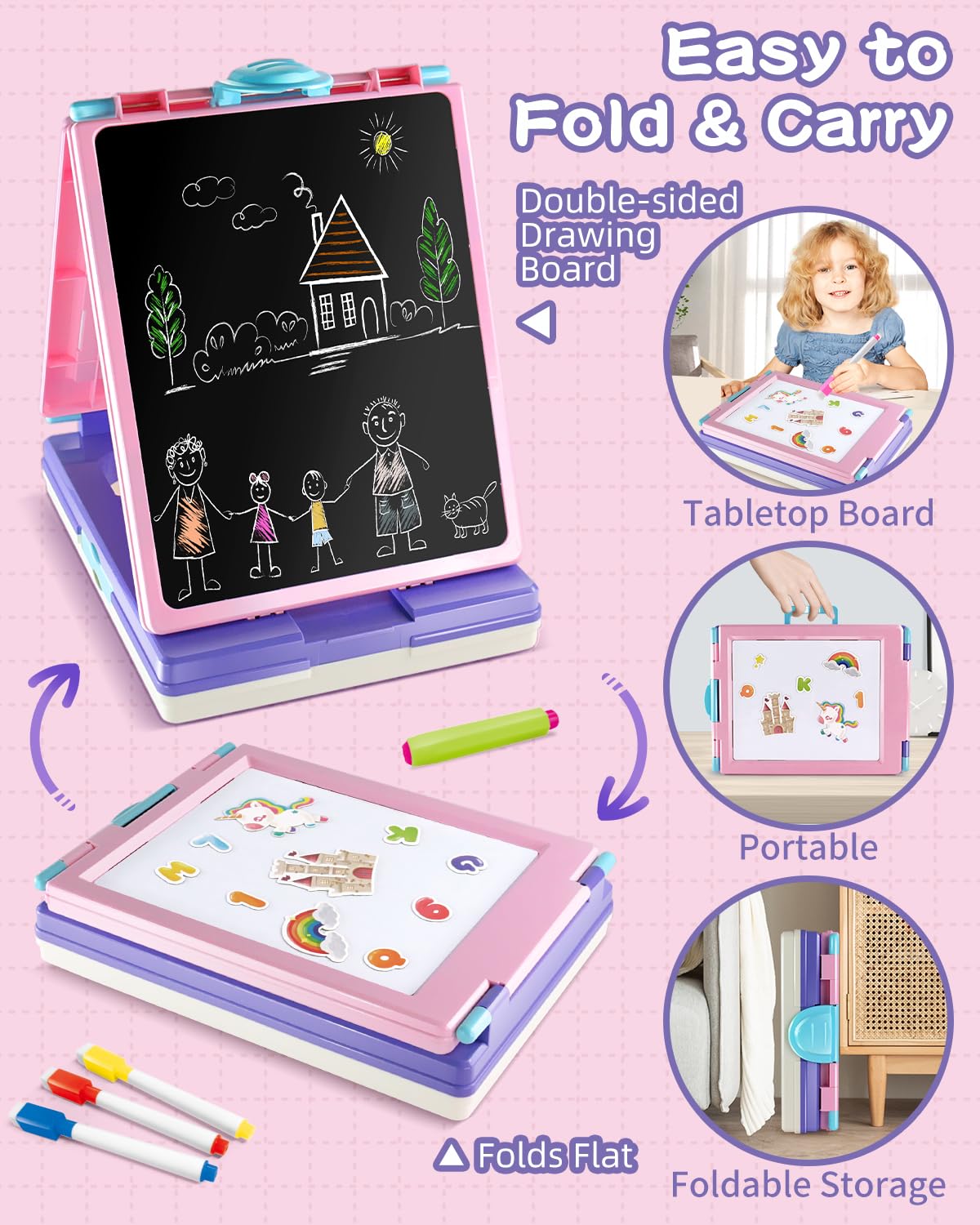 Elovien Easel Kids, 4 in 1 Double Sided Toddler Art Easel with Chalkboard & Magnetic Whiteboard, Foldable Kids Tabletop Easel with Drawing & Writing Supplies - Educational Toy Gift for Girls (Purple)