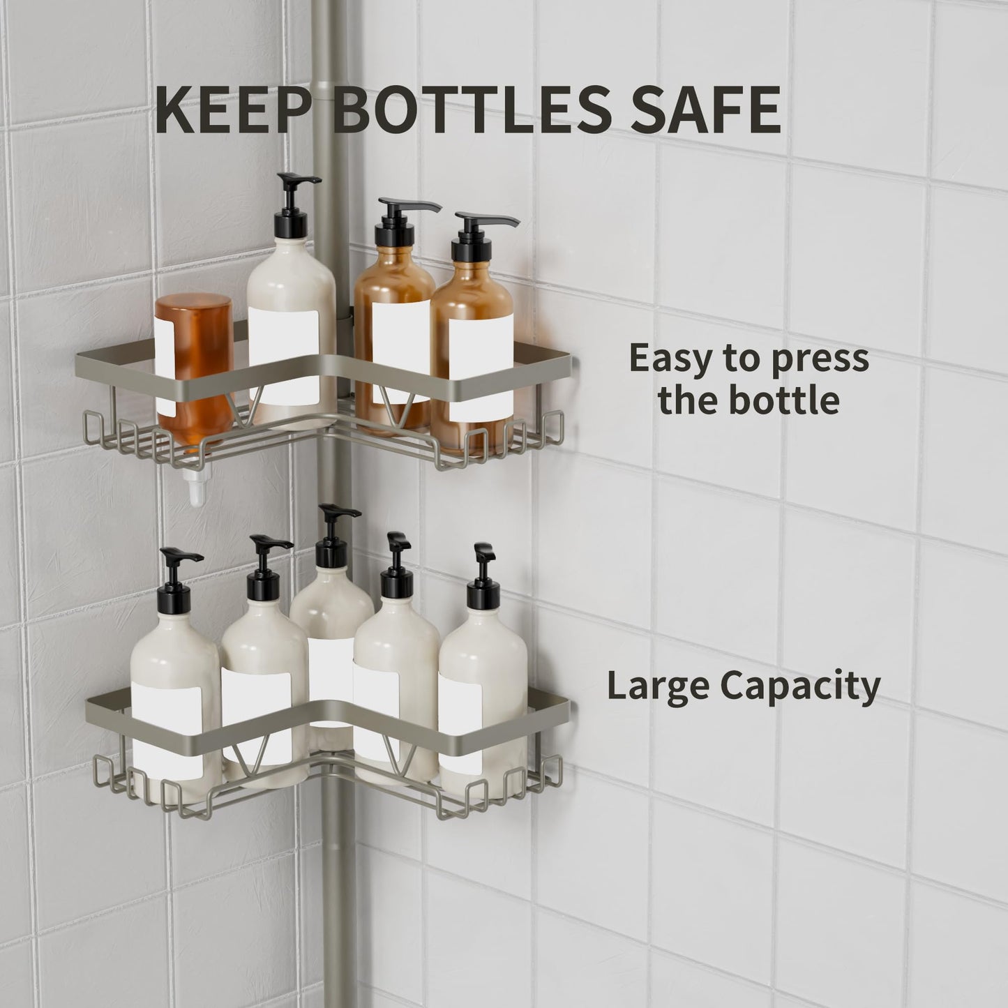 KEGII Shower Caddy Tension Pole, 4-Tier Rustproof Adjustable Corner Bathroom Organizer for Renters, 25–114.2 Inch No Drill Space-Saving Shower Storage Rack, Silver Gray