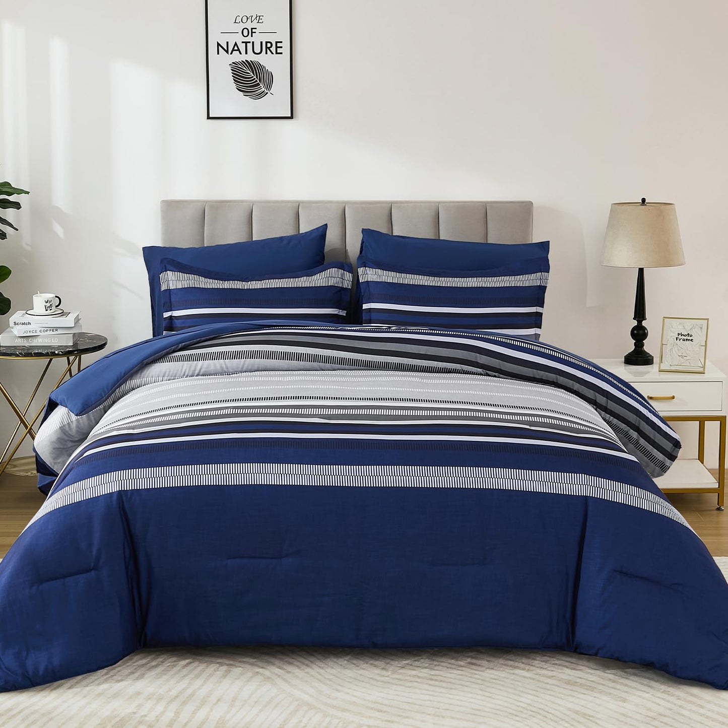 Dobuyly Navy Blue Queen Comforter Set 7 Pieces, Boho Striped Bed in a Bag Queen Size Soft Microfiber All Season Bedding Set with Comforter, Sheets, Pillowcases & Shams