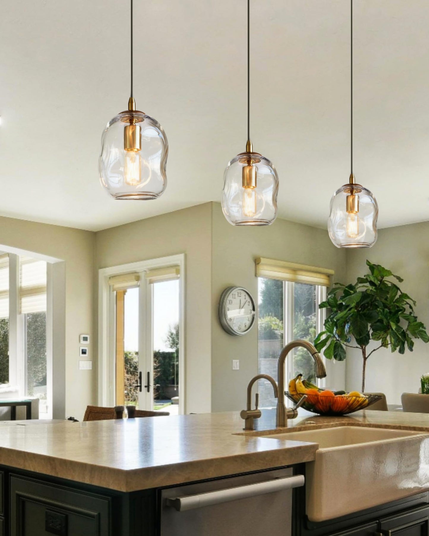 CASAMOTION Modern Glass Pendant Lights Kitchen Island Brass Gold Hardware Organic Globe Industrial Design Over Sink Bar Counter Porch Small Medium Lamp Shade 8 Inch Height