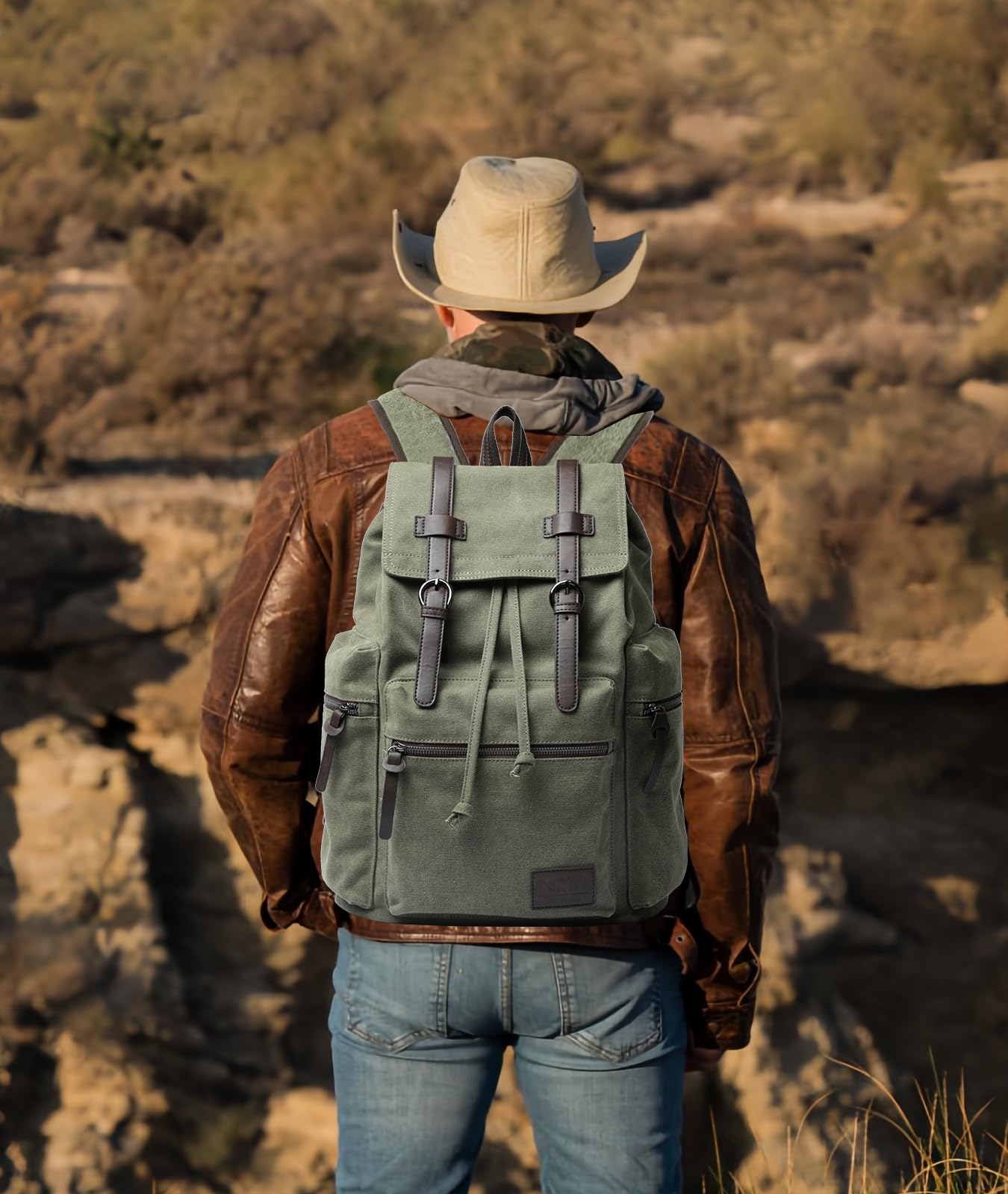 MOYYI Vintage Canvas Backpack for Men Olive Green Rucksack Fit 15.6 inch Laptop Retro Flap Daypack for Casual Hiking Travel Commute