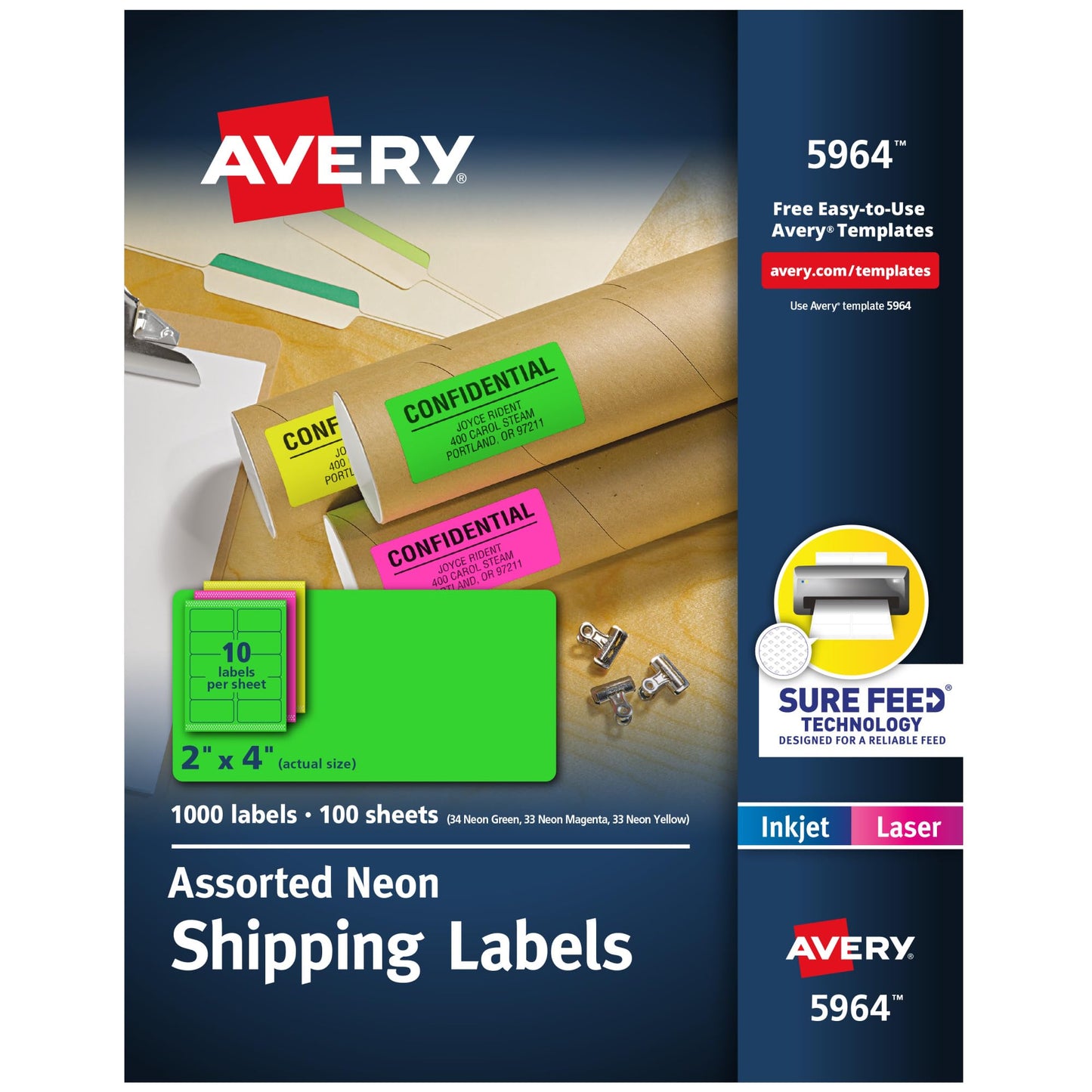 Avery Printable Shipping Labels with Sure Feed, 2"x 4", Assorted Neon Colors (Magenta, Green, and Yellow), Laser & Inkjet Compatible, 1,000 Blank Labels Total (5964)