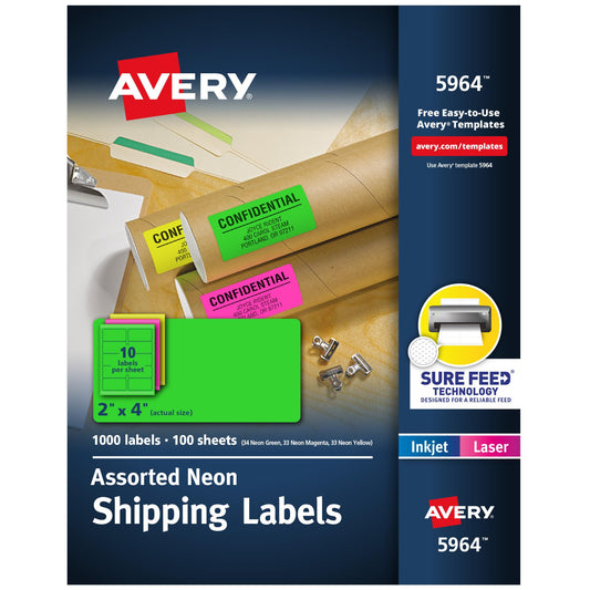Avery Printable Shipping Labels with Sure Feed, 2"x 4", Assorted Neon Colors (Magenta, Green, and Yellow), Laser & Inkjet Compatible, 1,000 Blank Labels Total (5964)