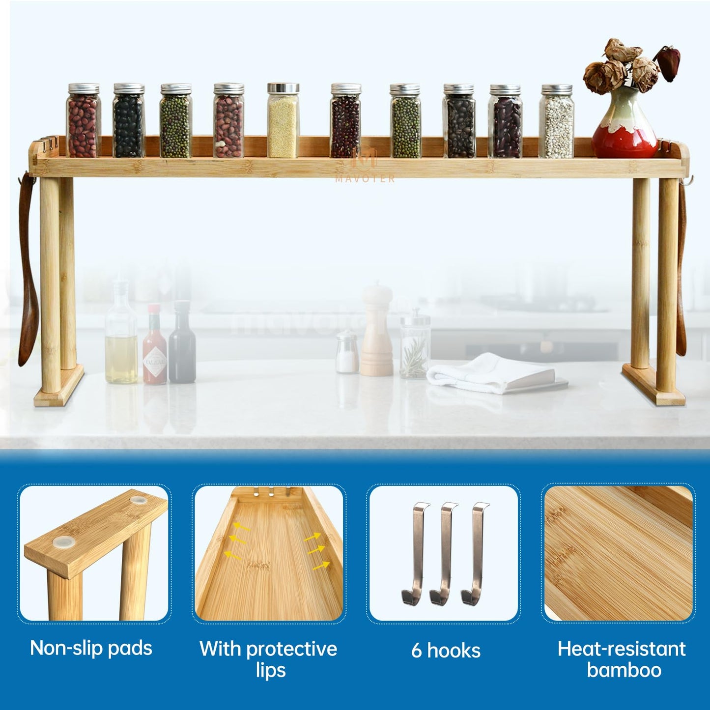 MAVOTER Over The Stove Top Shelf for Kitchen Bamboo Spice Rack Organizer for Back of Stove with Protective Lips & 6 Hooks,Easy Installation 33.5 * 4.5 * 13.4”