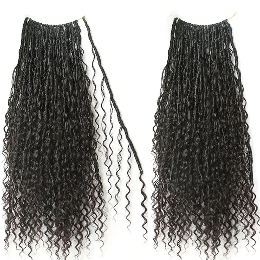 Crochet Boho Faux Locs with Human Hair Curls Pre-looped Goddess Crochet Locs Curly Ends Human Hair Soft Dreadlocks Braiding Hair for Black Women Natural Color 22Inch 24Locs