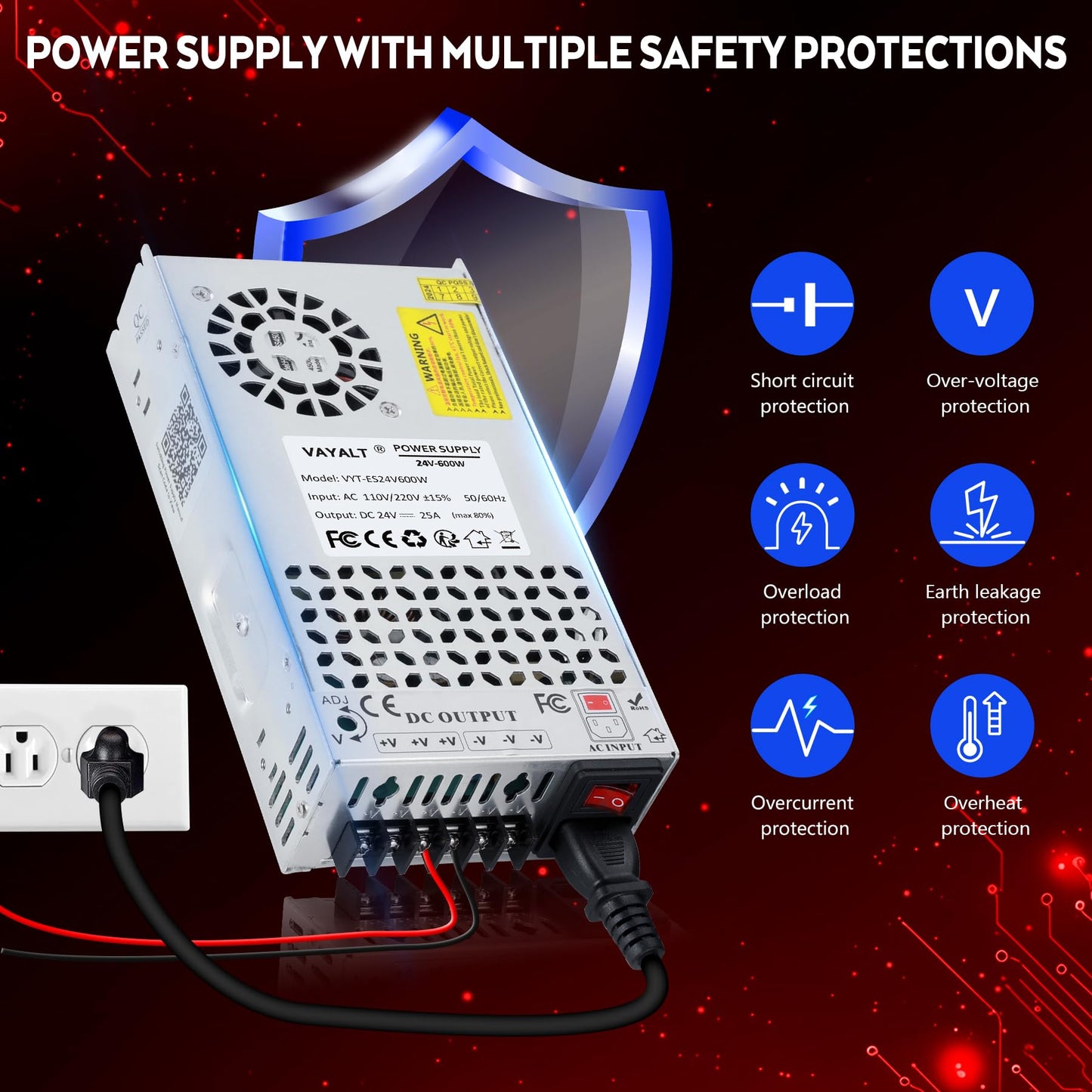 VAYALT 24V 25A 600W DC Switching Power Supply, Universal Regulated Switching AC 110V/220V to DC 24V Transformer, 24V Power Supply for Industrial, CCTV, Computer Project, 3D Printer, LED Strip Light