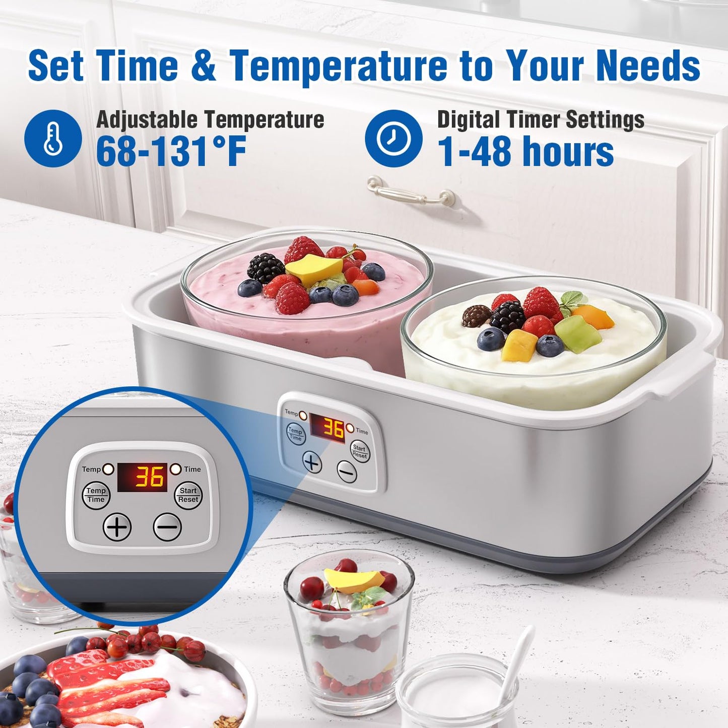 Yogurt Maker with Adjustable Time and Temp Control, Yogurt Maker Machine with Automatic Shut-Off & Constant Temper for Homemade Probiotic, Greek Yogurt, BPA-Free 2 Bowls