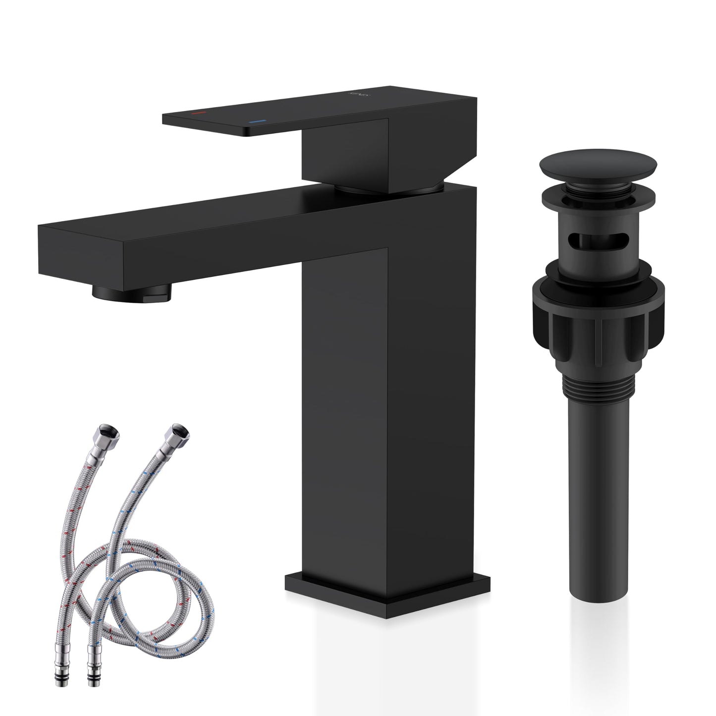 KENES Matte Black Single Handle Bathroom Sink Faucet, Stainless Steel Vanity Faucet for Bathroom Sink, with Pop Up Drain Stopper & Water Supply Hoses LJ-9031-2