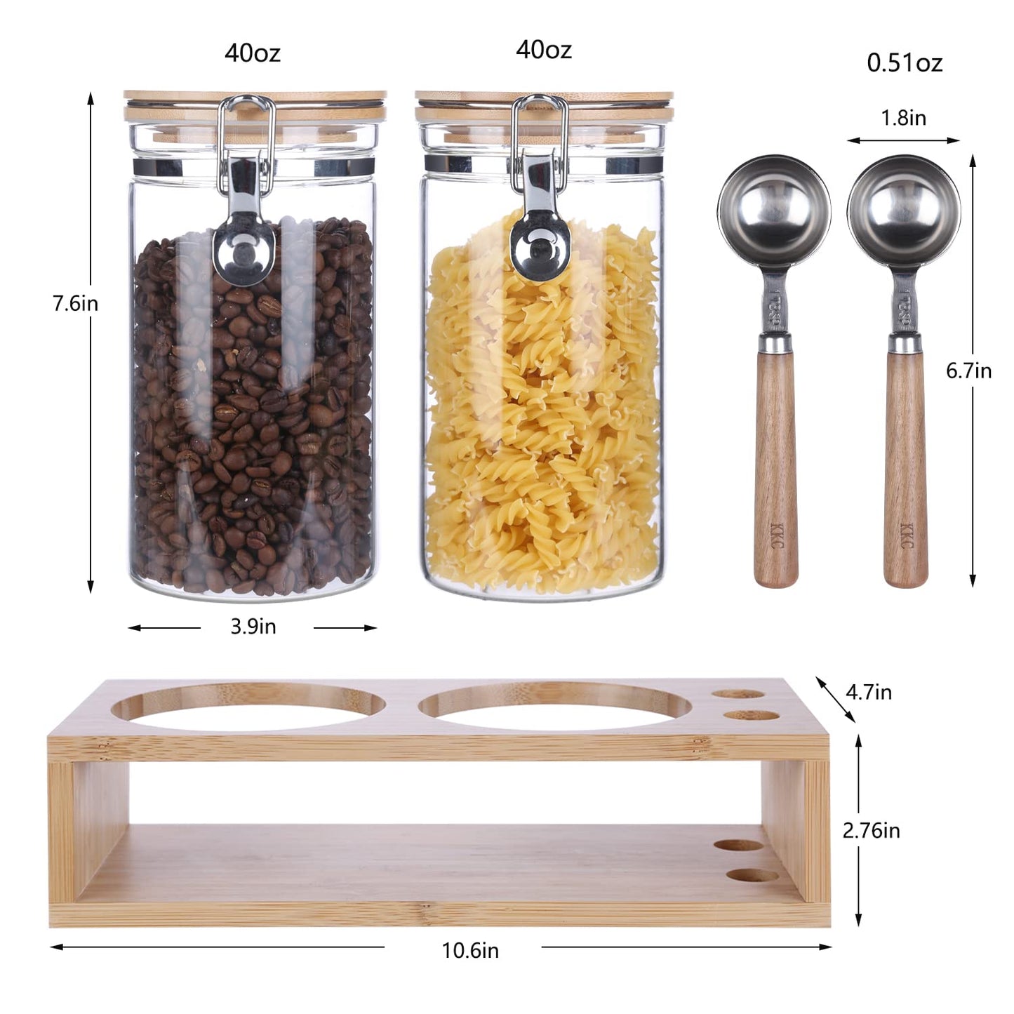 KKC Glass Coffee and Sugar Containers with Airtight Hinged Lids,Sealed Glass Jar Canisters with Scoops for Ground Coffee,Beans,Loose Leaf Tea,Nuts,Matcha,40 Fl oz