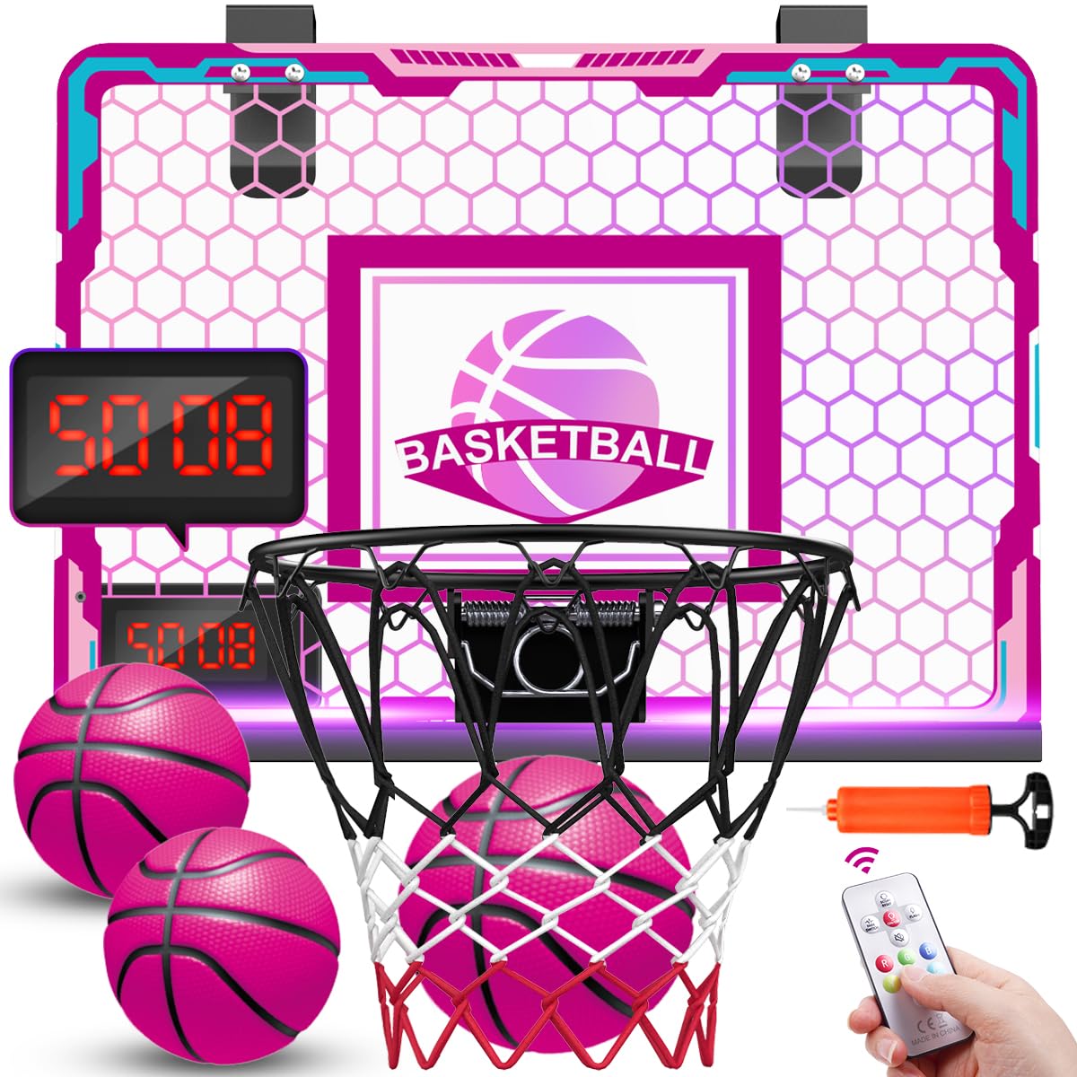 VATOS Basketball Hoop for Girls Indoor, Pink Remote Control Basketball Hoop with Electronic Scoreboard, Mini LED Basketball Hoop Basketball Set Toys Birthday Gifts for 3 4 5 6 7 Years Old Kids Girls