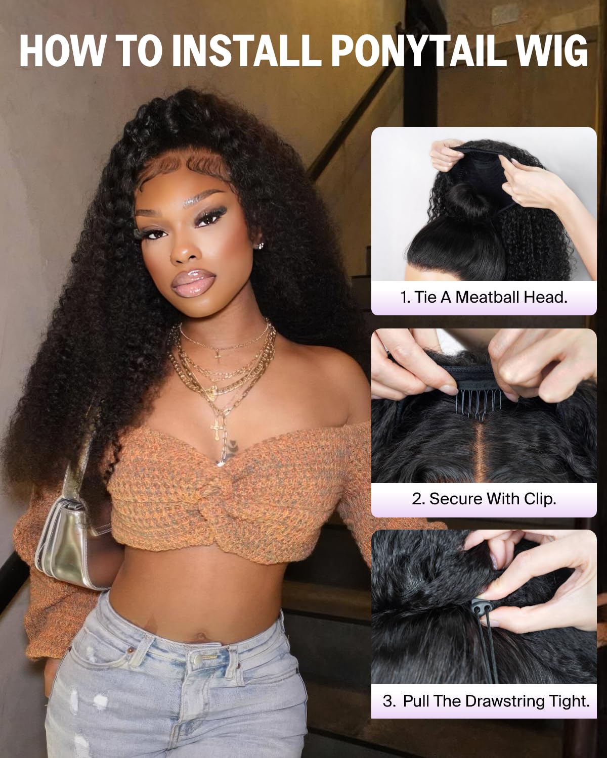 Megalook hair Headband Wig Human Hair Kinky Curly Glueless Wigs Human Hair Machine Made No Lace Headband Wigs,Natural Black Kinky Curly Wig Drawstring Ponytail for Black Women 16 Inch