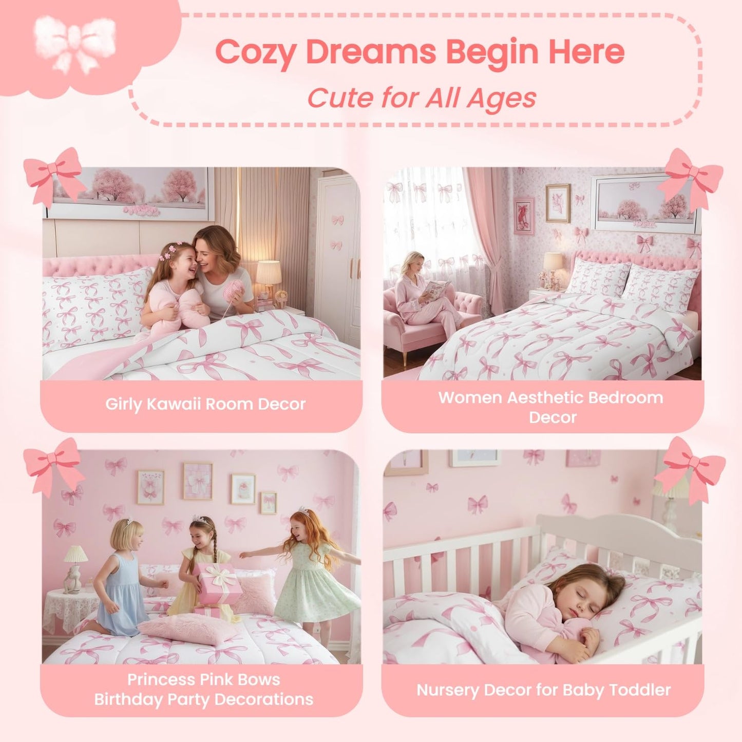Erosebridal Girls Pink Bow Full Comforter Set,Bowknot Princess Bedding Set for Kids Girls Room Decor,Cute Pink Bows Quilt Set Aesthetic Ribbon Bow Tie Bed Comforter Sets,2 Pillowcases