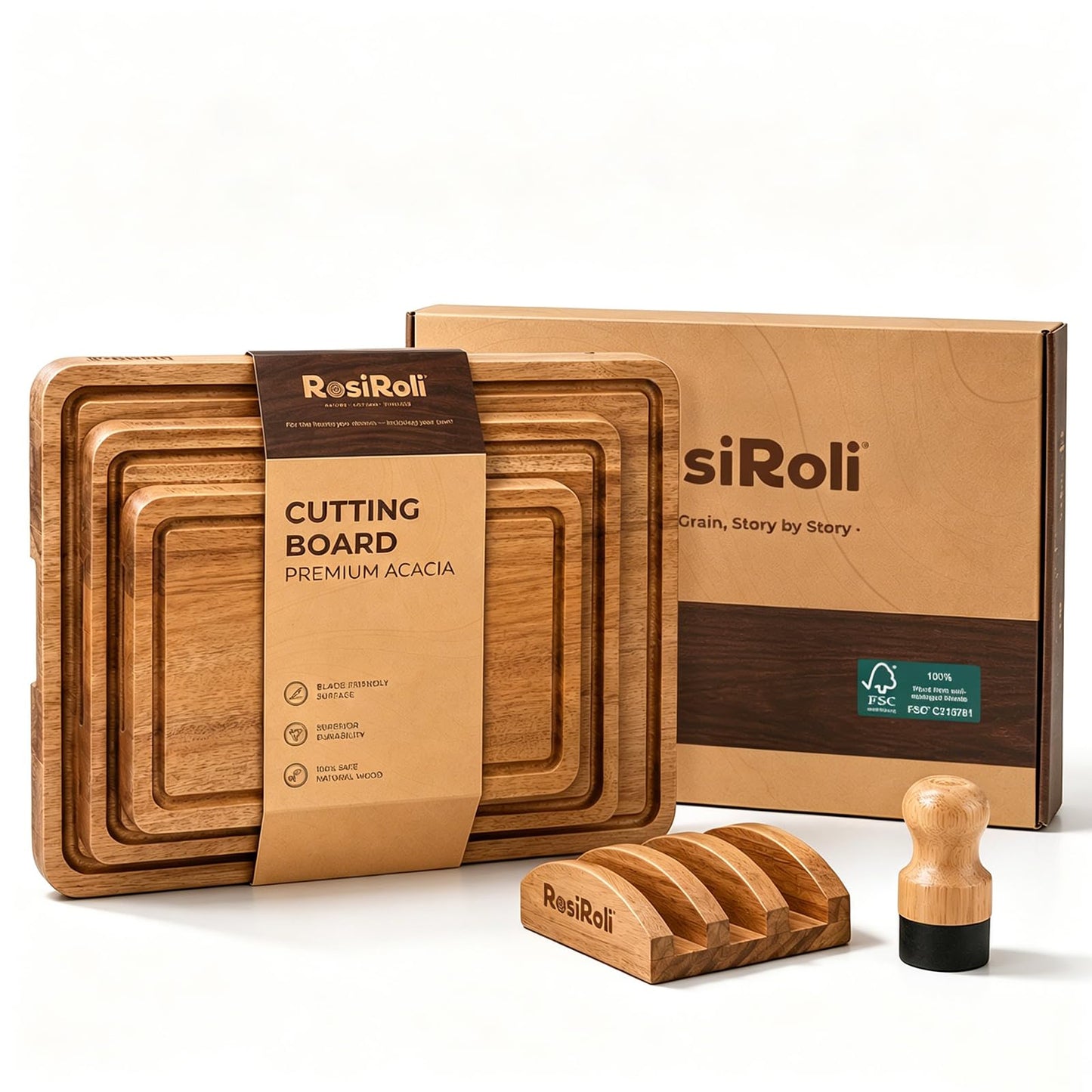 Acacia Wood Cutting Board Set of 3 for Kitchen — Non-Toxic, Kiln-Dried & Pre-Oiled 3x | Warp-Resistant Solid Acacia with Juice Groove, Handles & Anti-Slip Feets | Large Medium Small