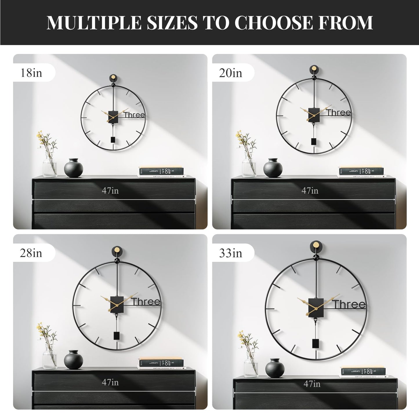 Cuspin Modern Large Wall Clock 24 inch with Pendulum, Battery Operated Silent Non-Ticking Metal Wall Clock for Living Room Decor, Decorative Hanging Clock for Bedroom, Office, Kitchen, Home