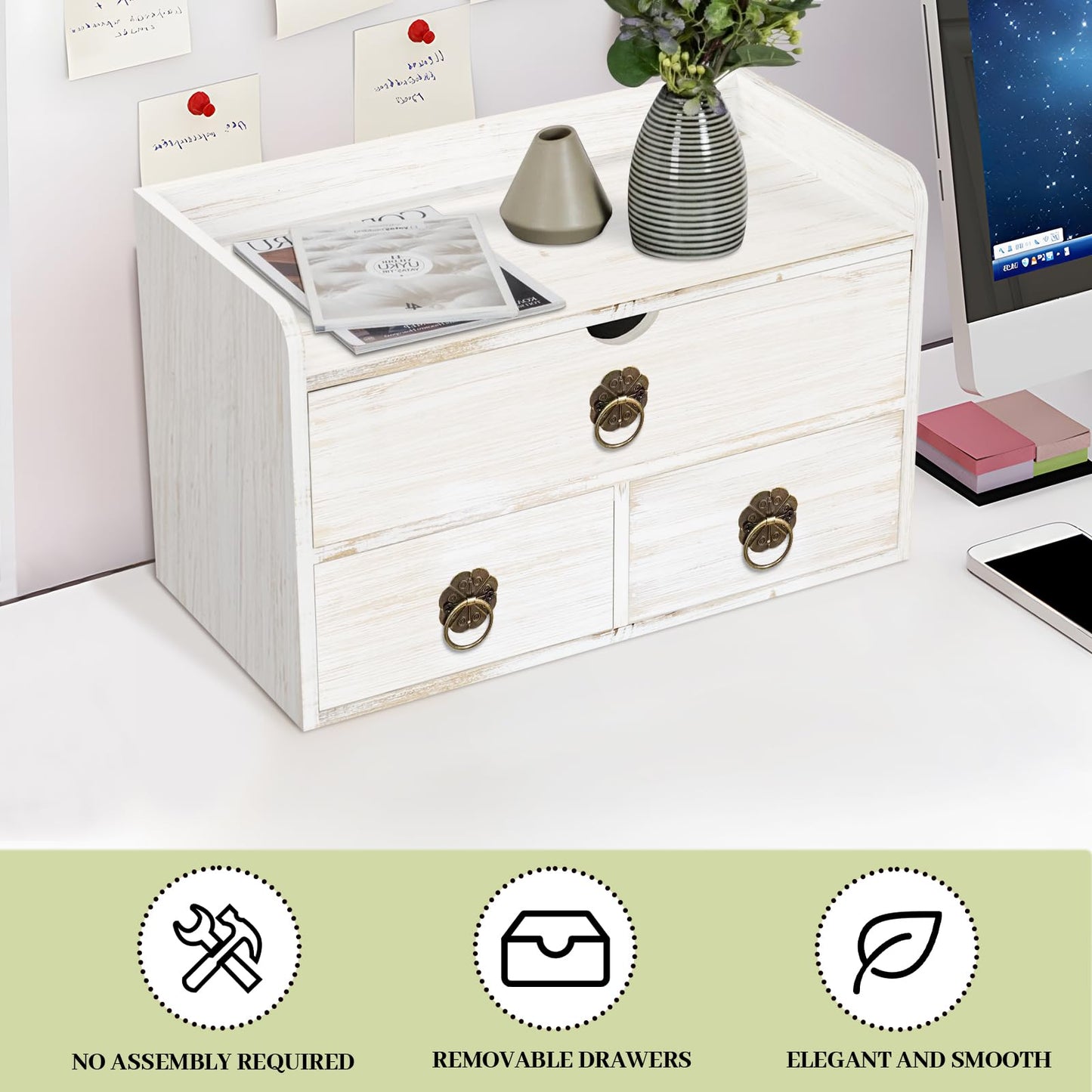 SeekElegant Wood Desk Organizer with Drawer, White Wooden Desktop Organizer, Tabletop Storage Organization Box for Countertop, Home Office Supplies, 13.5x6.6x8.2 Inch(3 Drawer and Shelf)