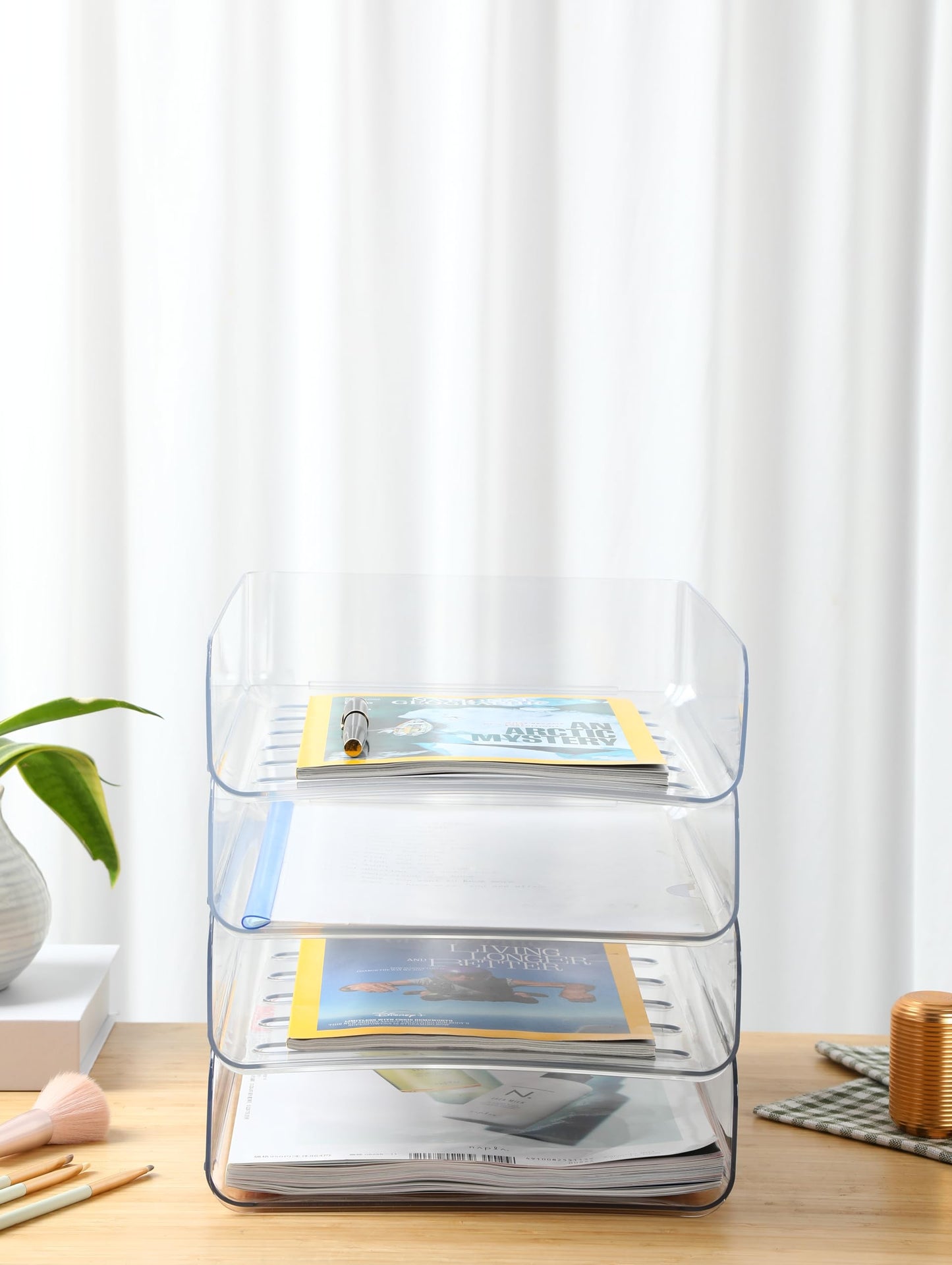 (4pcs Pack) HKeeper Stackable Paper Trays,Letter Tray Organizer,Office Desktop Organizer,A4 Paper Holder,Supplies Magazine,File Documents,Receipts(Clear,Regular)