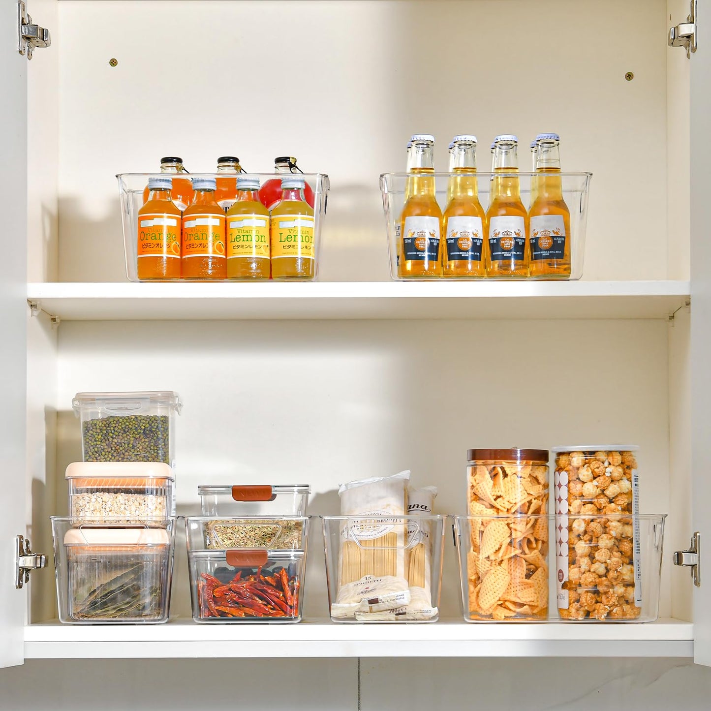 Freebat 12 Pack Middle Organizers and Storage, Pantry Organization and Storage Bins, Cabinet Organizer, Clear Plastic Storage Containers with Handle，Acrylic Storage Bins for Cabinet, Fridge