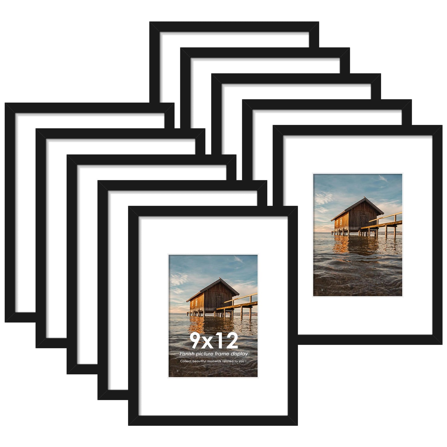 Fisnish 9x12 Picture Frame Sef of 10, Display Pictures 6x8 with Mat or 9 x 12 Without Mat, Photo Frame Collage for Wall Gallery Decor, Wall Mounted, Black