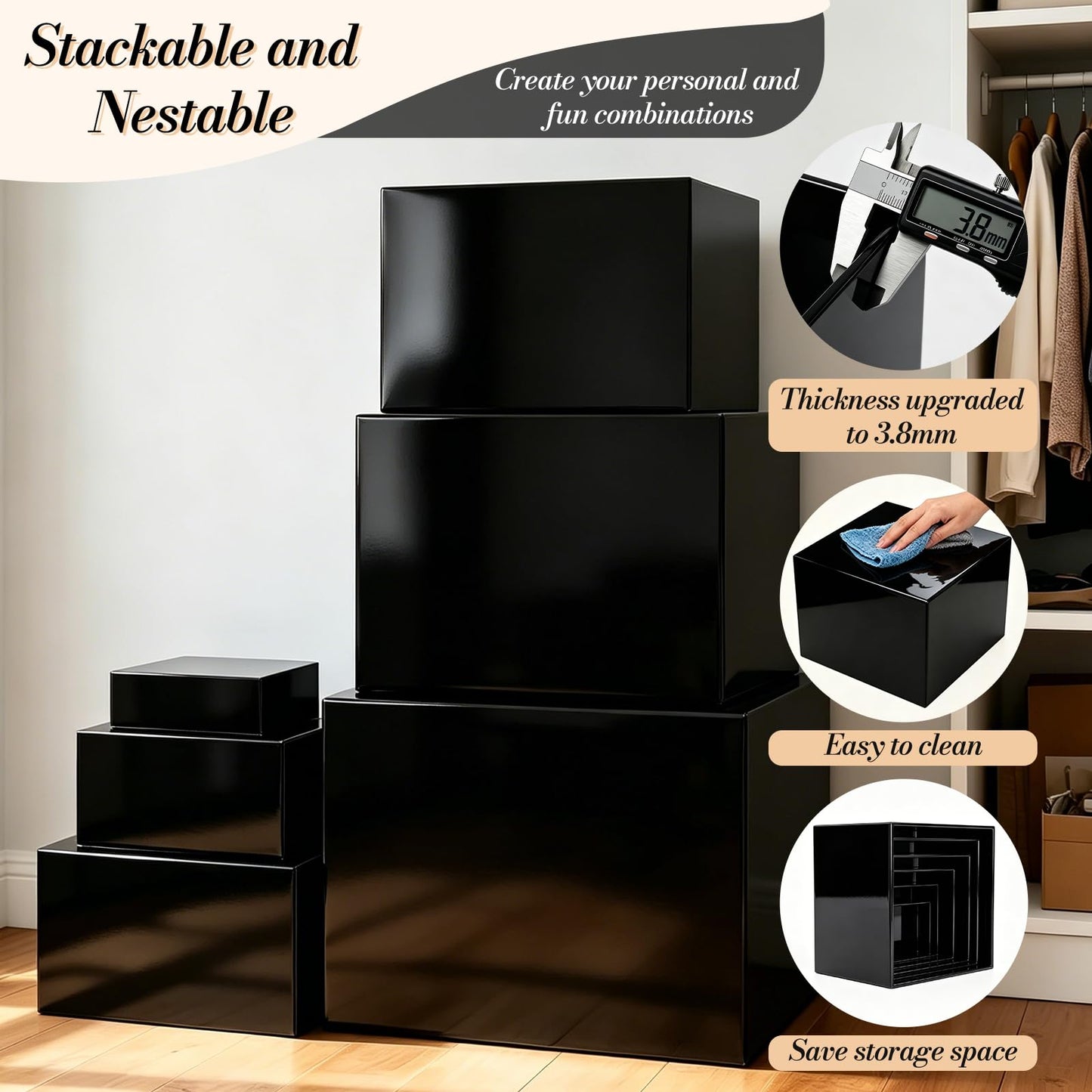 6 Pcs Buffet Risers with Mini Sign and Maker, Black Food Risers Display Stand for Buffet Table Party Catering Dessert Jewelry Collectibles, Nesting Cube Boxes with Hollow Bottoms (8",7",6",5",4",3")