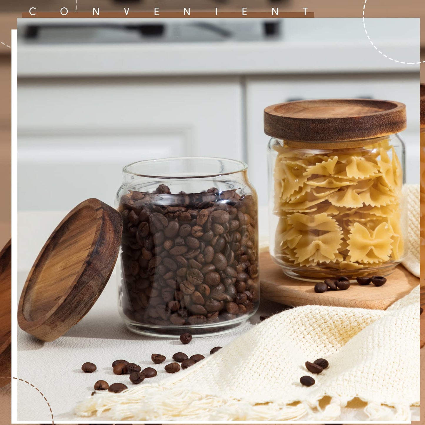Irenare 16 Pack Glass Containers Canister Set, 17 oz Food Storage Spice Jars with Airtight Lids, Clear Kitchen Containers for Coffee Sugar Tea Beans Nuts Candy Pantry Organization (Wood)