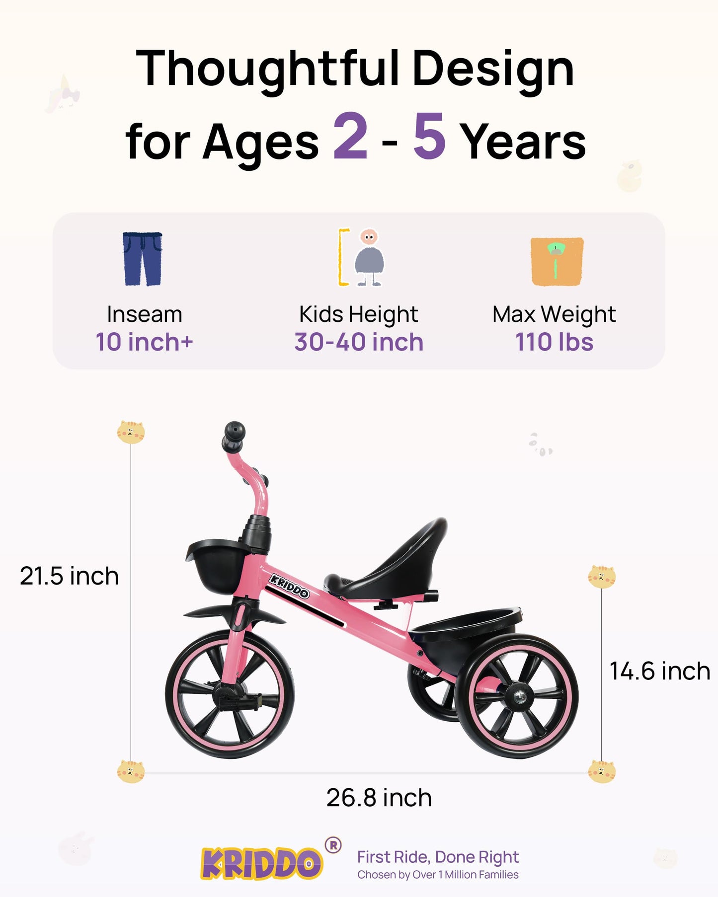 KRIDDO Kids Tricycles Age 24 Month to 4 Years, Toddler Kids Trike for 2.5 to 5 Year Old, Gift Toddler Tricycles for 2-4 Year Olds, Trikes for Toddlers, Pink