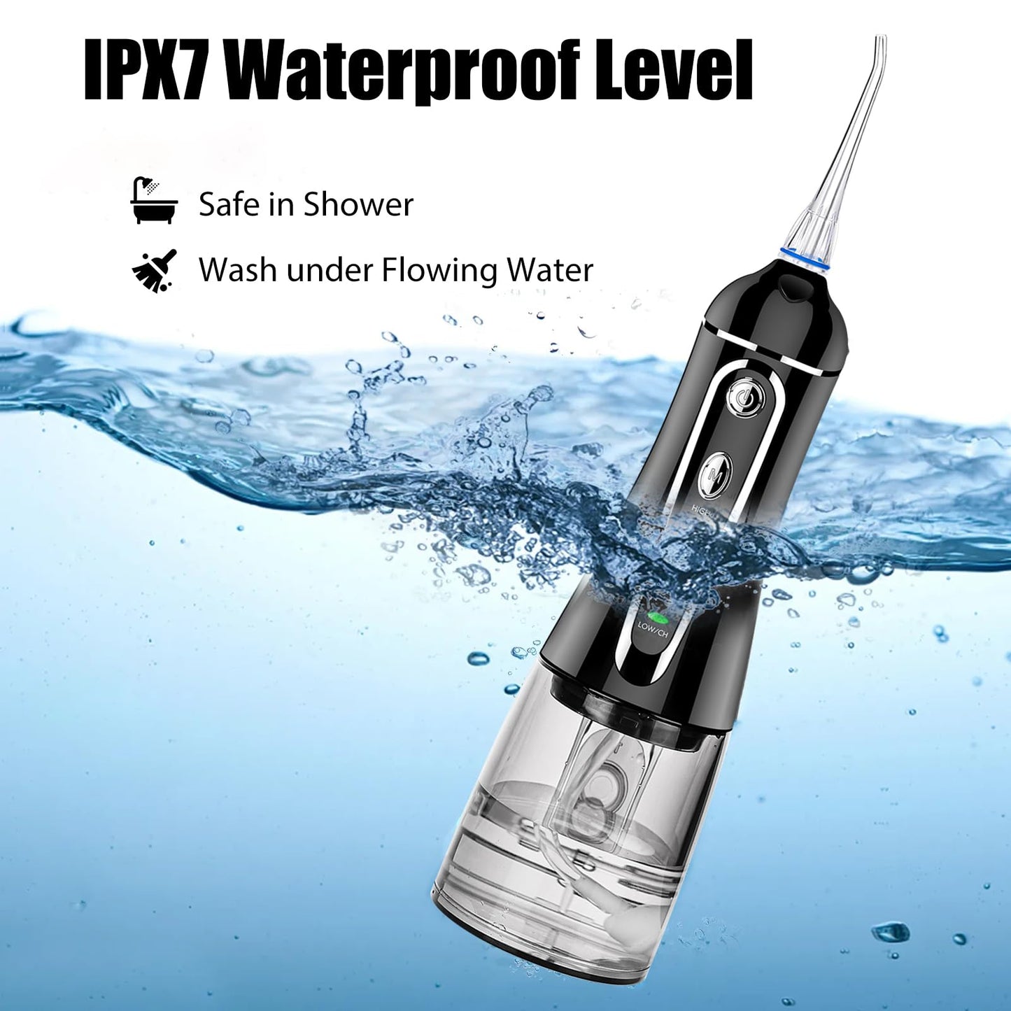 Cordless Water Flosser for Teeth Rechargeable - FZCOK 7 Clean Settings Oral Irrigator Dental Flosser for Braces Adults Teeth Cleaning Portable with Long Battery Life, Waterproof(Black)