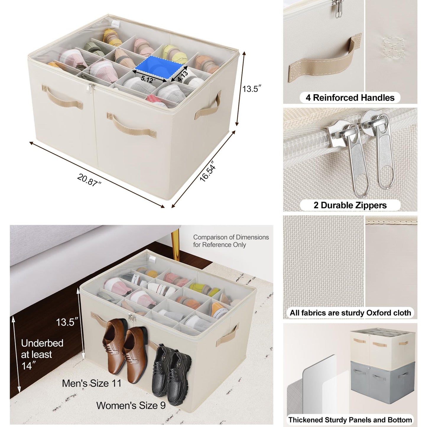 TOPIA HOME Shoe Organizer for Closet 2 Pack, Foldable Shoe Box with Adjustable Dividers and Clear Cover, Space Saving Shoe Storage Organizer Cabinet with Reinforced Handles, Fits 32 Pairs Beige TP12Y