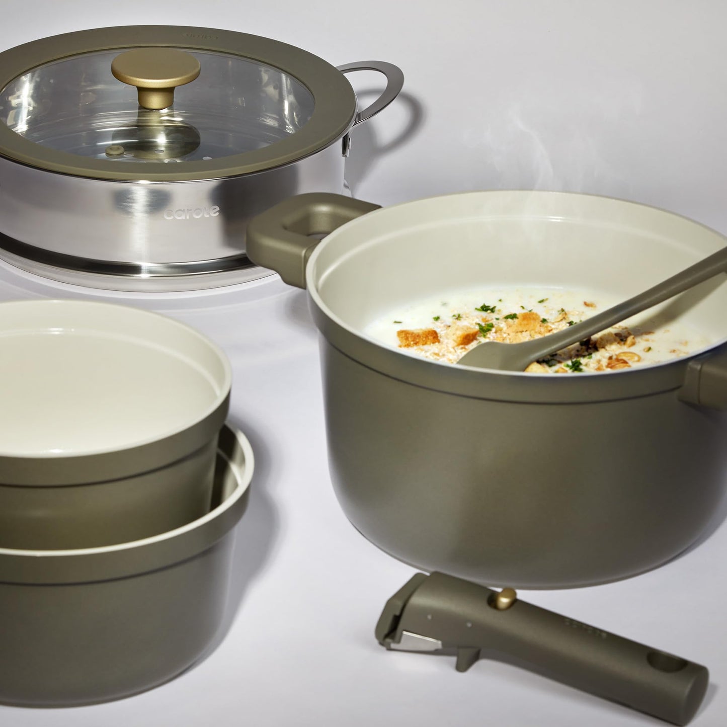 CAROTE Ceramic Saucepan Set 5.5QT/3QT/2QT，Nonstick Cooking Pots Set with Detachable Handles，Non-toxic Stock Pots with Lid，Induction Comptable，PFAS and PFOA Free，Olive Green