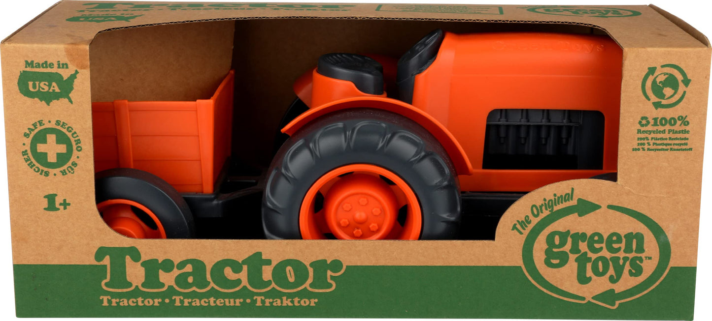 Green Toys Orange Tractor with Detachable Trailer Farm Toy for Toddlers, 100% Recycled Plastic, BPA-Free, Durable Indoor/Outdoor Vehicle, Eco-Friendly, Dishwasher-Safe, Ages 1+