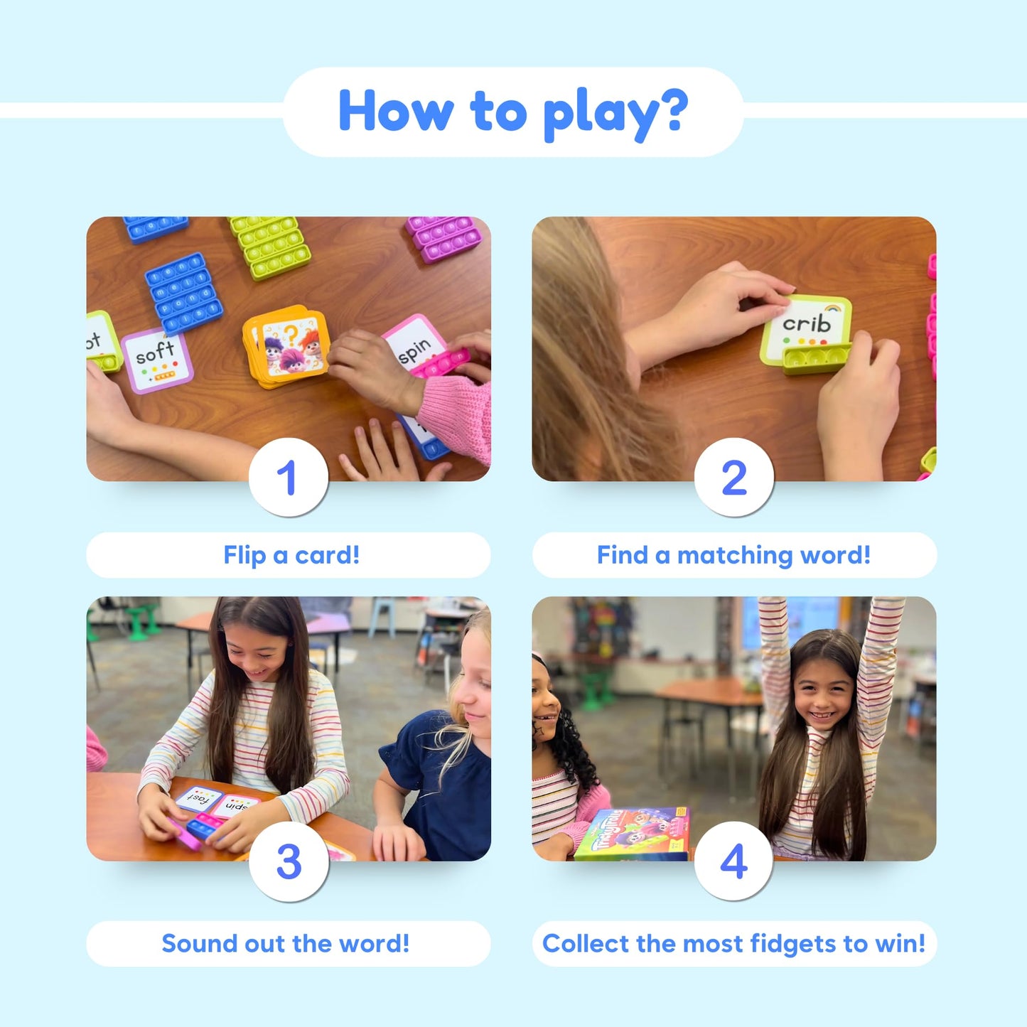 THE FIDGET GAME Tricky Trolls CCVC & CVCC Reading Game, Mini Pop Sensory Toy to Learn and Spell, Educational Kindergarten Classroom Activities, Multisensory Phonics Flash Cards for 4+ Years