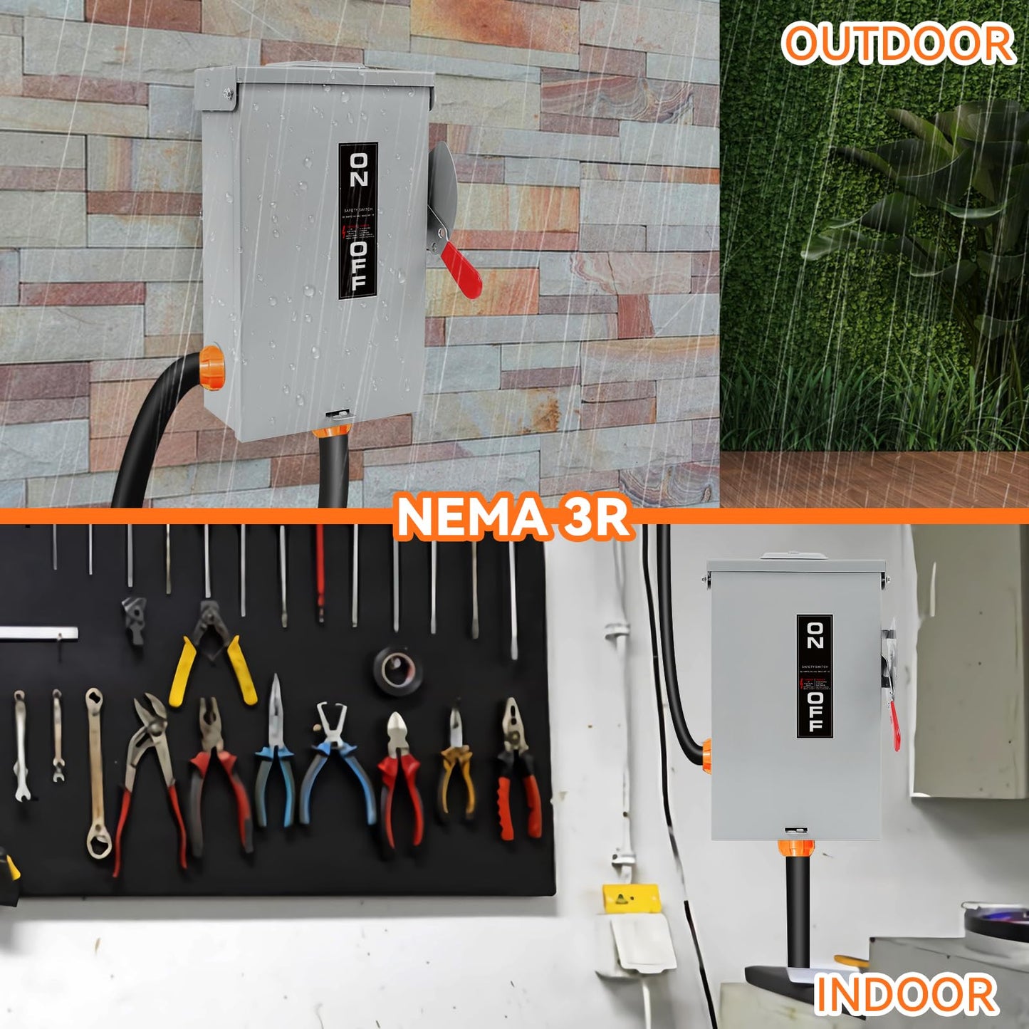 60 Amp Disconnect Switch Box,3 Pole Safety Switch,Non-Fusible,Indoor&Outdoor,Meeting NEMA 3R Standards,Galvanized Steel，Anti Corrosion and Rust Prevention,10-Year Warranty