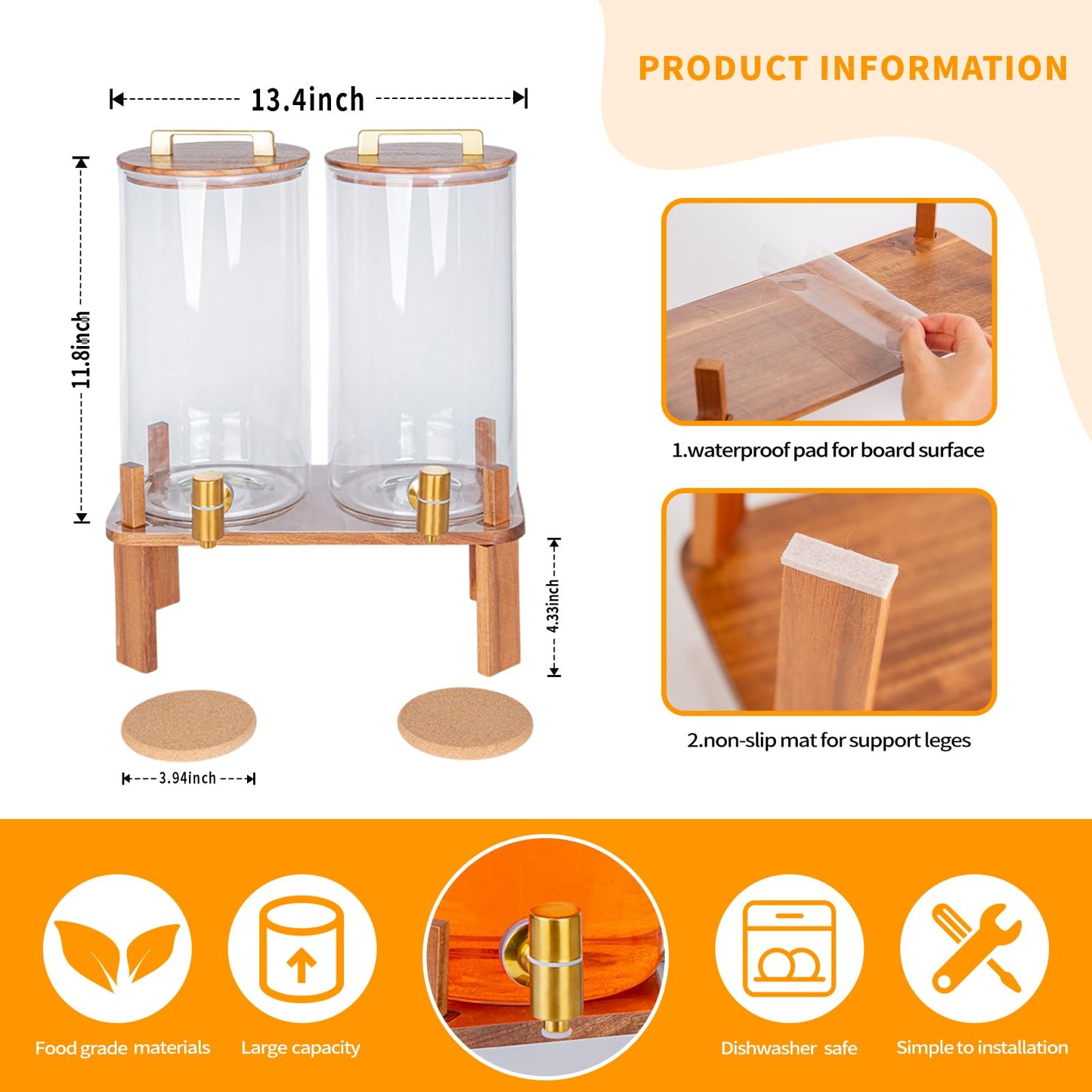 2 PACK 1.5 Gallon Glass Beverage Dispenser with Wooden Lid, Drink Dispenser with Wooden Stand, Lemonade Dispenser with Stainless Steel Leak-Proof Spigot for Parties, Weddings