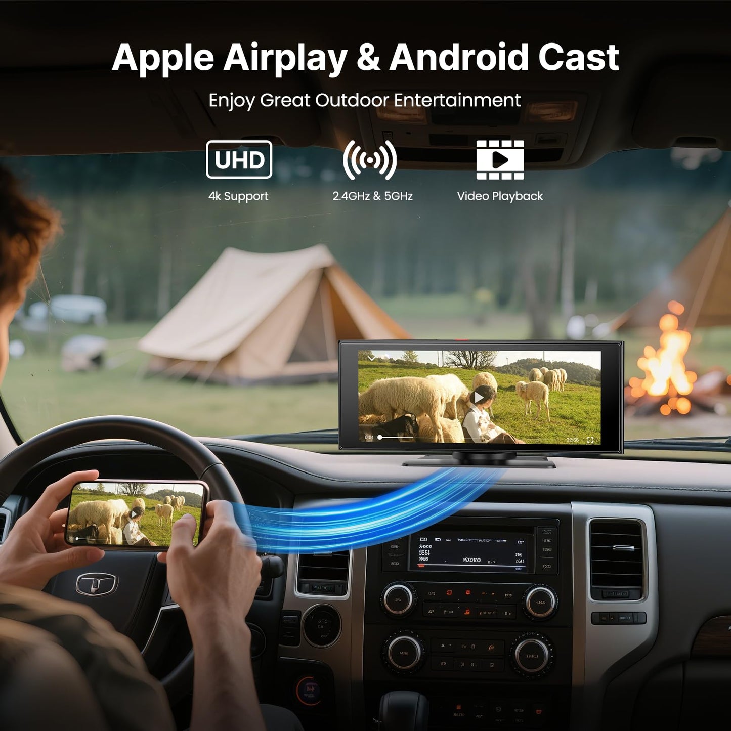 WonVon Wireless Car Play Screen, 10.26'' Monitor with Apple Carplay & Android Auto, 4K Dash Cam 64G, 1080P Backup Camera, Portable Smart Touch Tablet Stereo Multimedia Dashboard, Bluetooth/FM/GPS/AUX