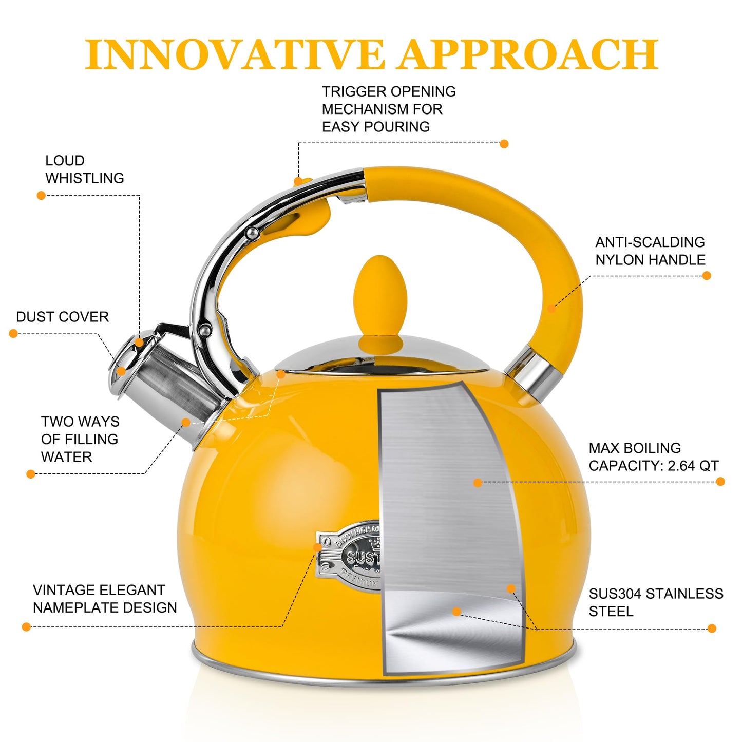 SUSTEAS Stove Top Whistling Tea Kettle - Food Grade Stainless Steel Teakettle Teapot with Cool Touch Ergonomic Handle, With 1 Silicone Pinch Mitt Included, 2.64 Quart,YELLOW