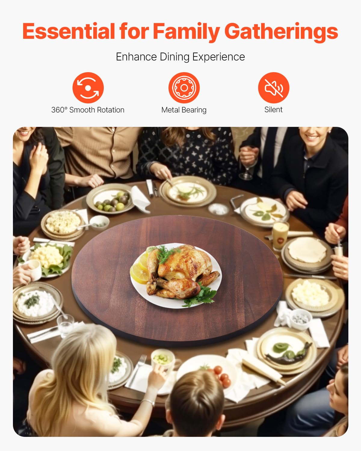 VEVOR 24 in Wood Lazy Susan Turntable, 360° Rotation Round Clear Tabletop Rotating Tray, Acacia Wood Dining Table Centerpiece, Smooth and Silent Spin, for Family Gatherings, Banquets and Weddings