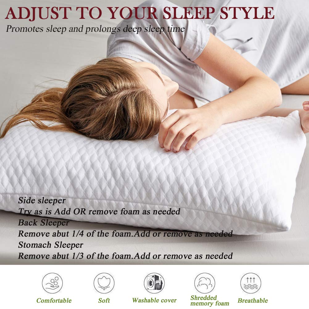 NTCOCO Shredded Memory Foam Bed Pillows for Sleeping Queen Size Set of 2,with Washable Removable Hypoallergenic Sleep Pillow for Back and Side Sleeper