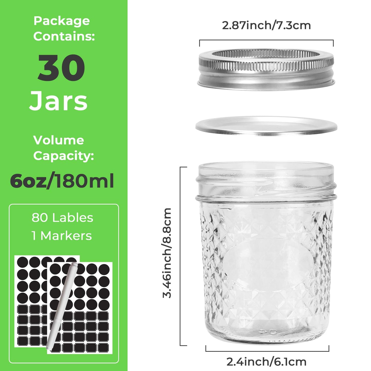 CycleMore 6 oz Mason Jars with Airtight Lids and Bands, 30 Pack Regular Mouth Glass Canning Jars, Small Glass Canisters for Jelly, Sauce, Jam, Honey, Juice, Wedding Favors, Shower Favors
