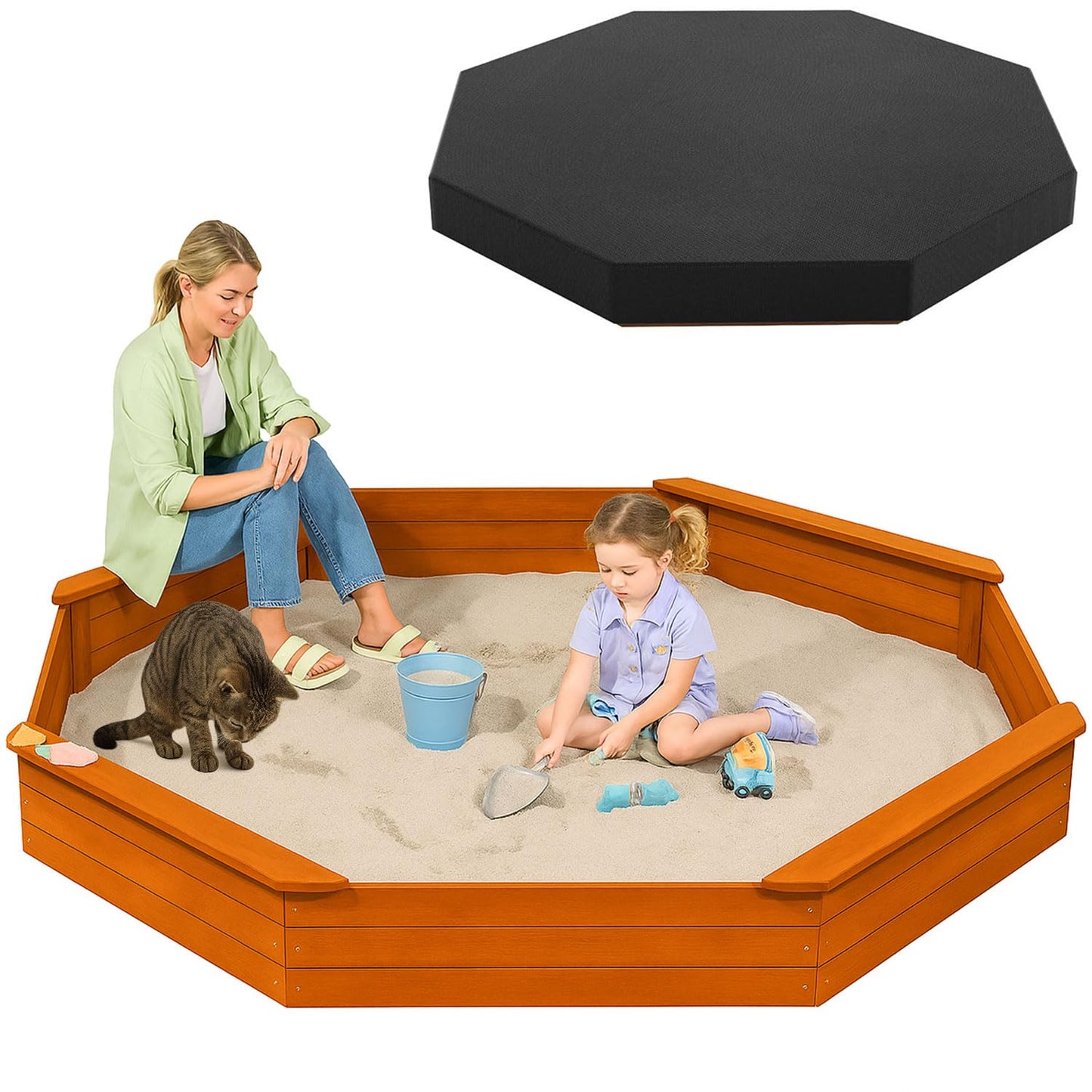 84"x78" Octagon Wooden Sandbox with Waterproof Cover & Liner, Large Outdoor Sandpit with Benches, Fir Wood Sand Box for Kids Backyard Play, Weather-Resistant,Golden red