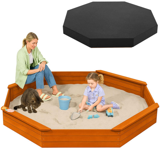 84"x78" Octagon Wooden Sandbox with Waterproof Cover & Liner, Large Outdoor Sandpit with Benches, Fir Wood Sand Box for Kids Backyard Play, Weather-Resistant,Golden red