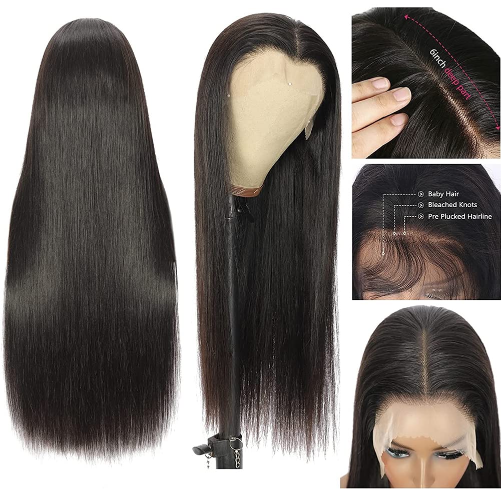 Ysxbui 13x6 Lace Front Wigs Human Hair 180 Density HD Transparent Straight Lace Front Human Hair Wigs for Women Straight Lace Front Wigs Pre Plucked with Baby Hair Natural Color (24 Inch)