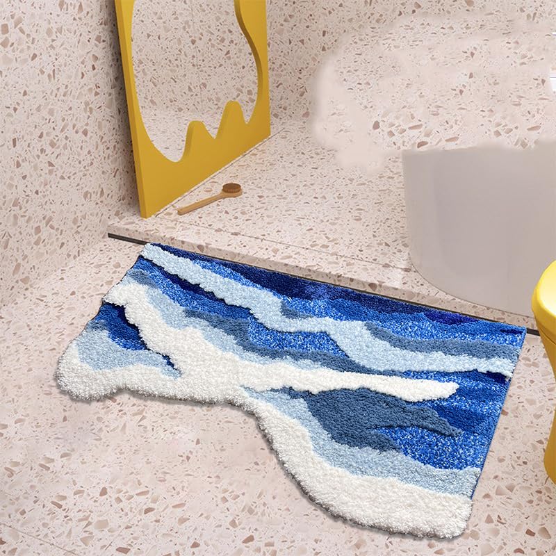 ZYLG Blue 3D Ocean Wave Bath Mat, Cute Funky Bathroom Rugs,for Coastal Beach Nautical Themed Decor, Non-Slip Washable Tufted Rug for Bedroom Kitchen Runner Rug (27.6 x 63 in)